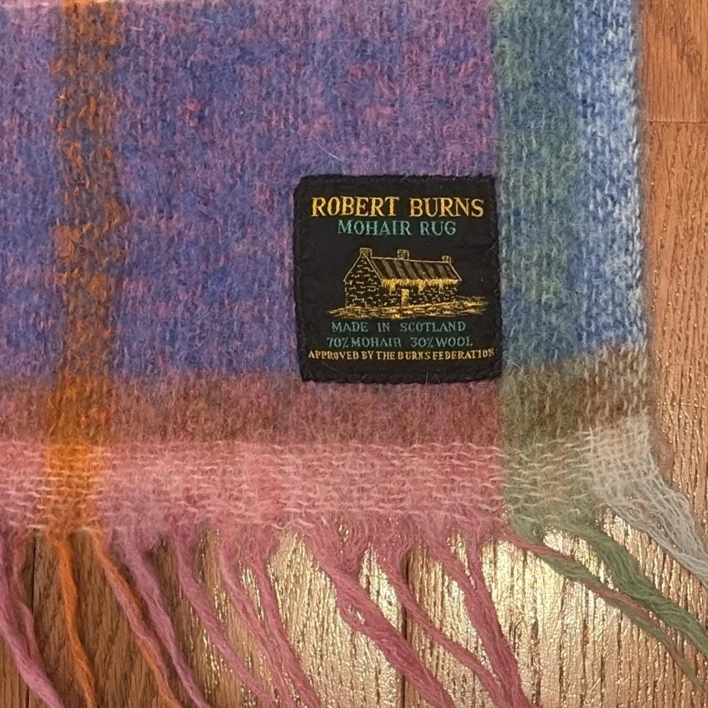 Vintage 1960s Robert Burns Mohair Plaid Throw, 70% Mohair, 30% Wool 70x52